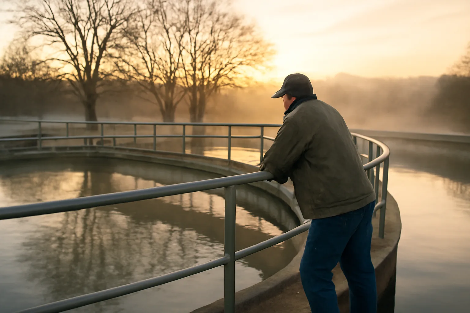 Worker checking a clarifier at an Arkansas wastewater plant