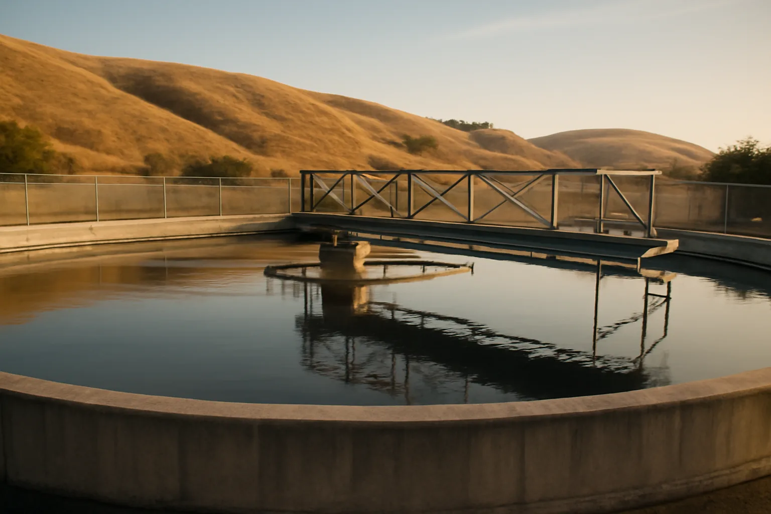 Concrete clarifier at a California wastewater plant in afternoon light