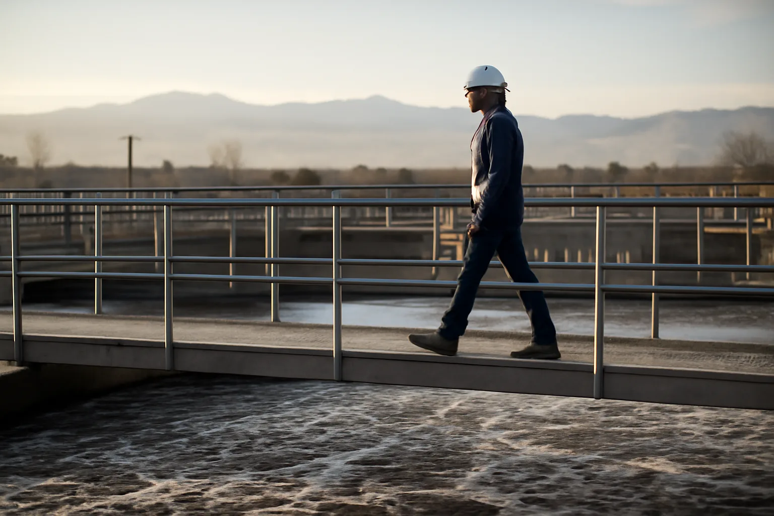 Operator walking a Colorado wastewater plant catwalk at dawn