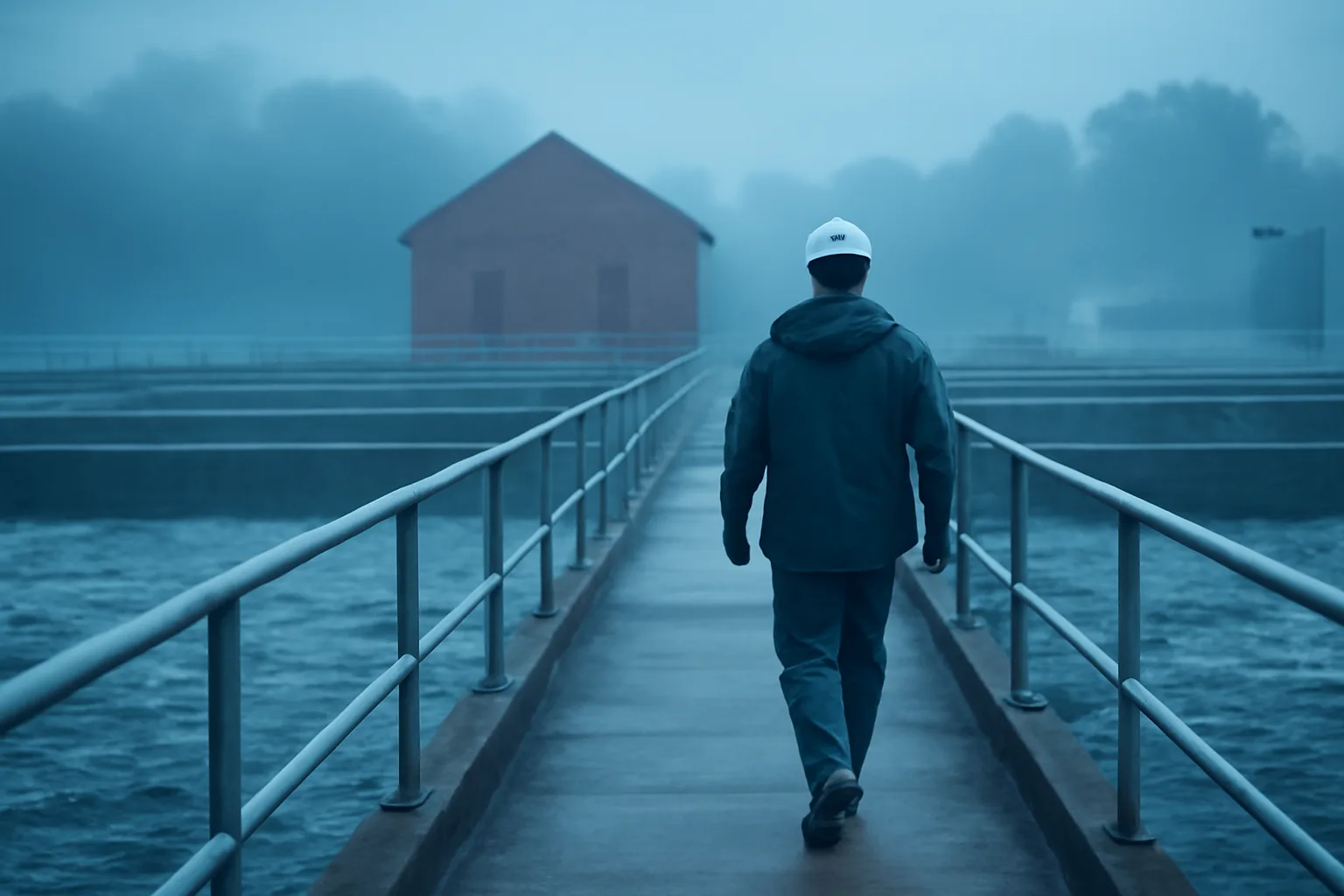 Wastewater operator walking concrete aeration tanks at a Connecticut plant