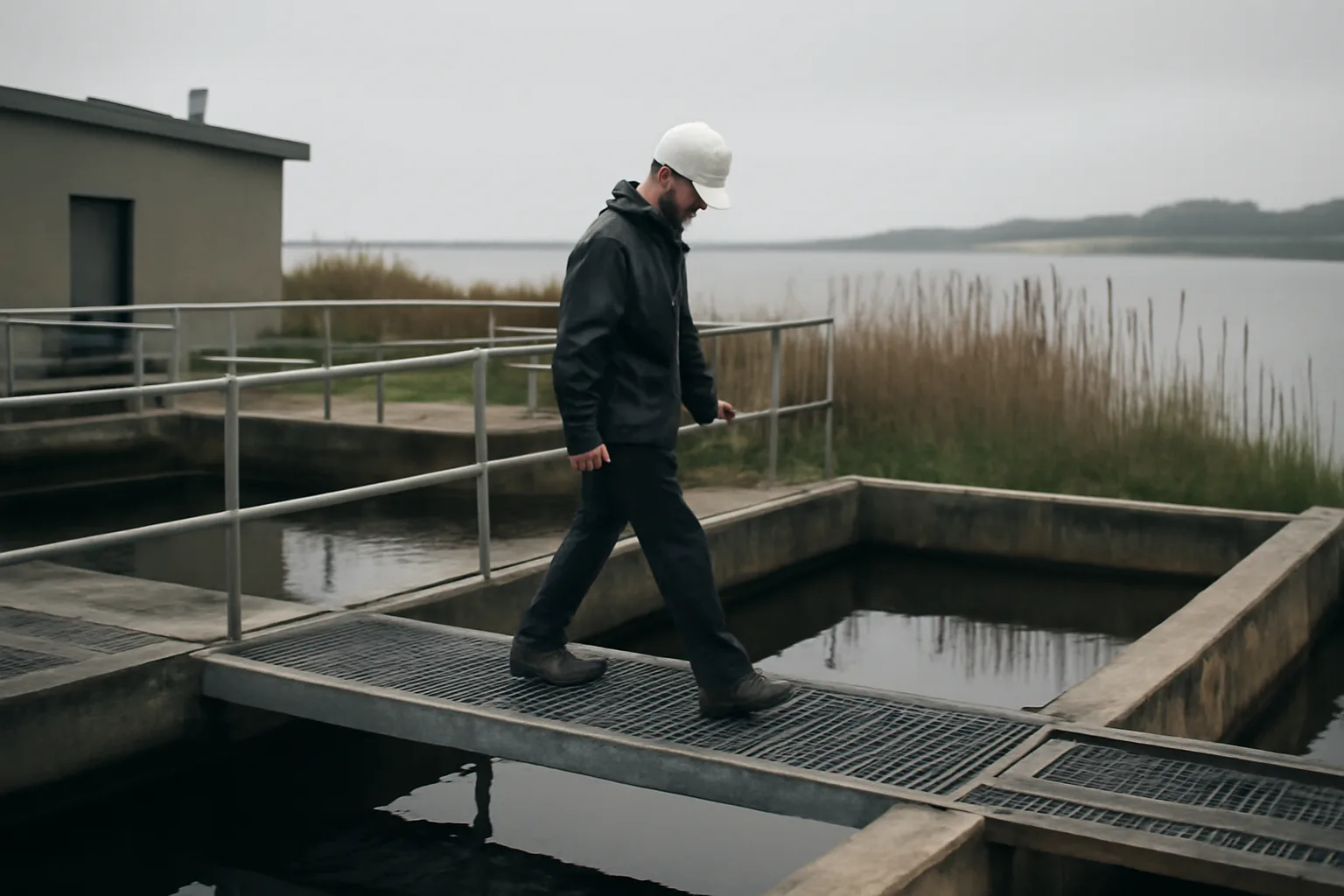 Wastewater operator walking a grate over a Delaware treatment tank