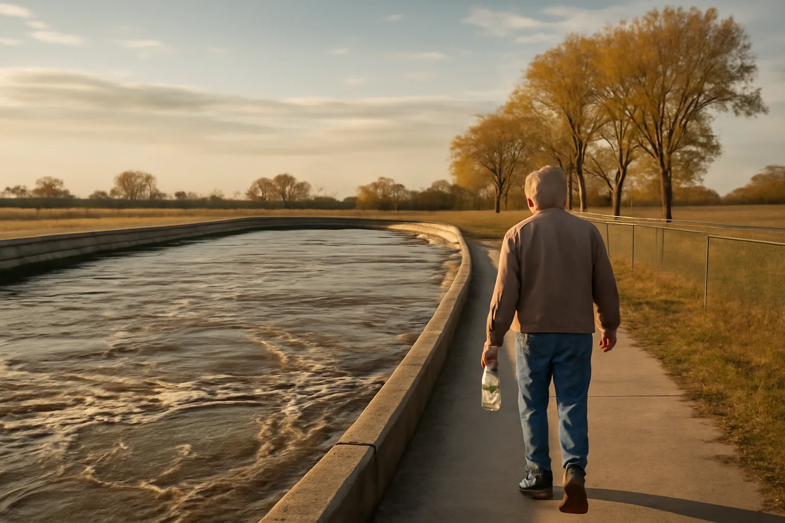Iowa wastewater operator sampling an oxidation ditch in afternoon light
